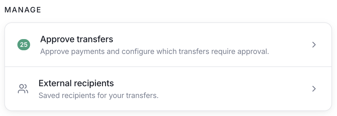 The Manage section of the Move Money page showing the Approve transfers card with a badge of 25 pending requests.