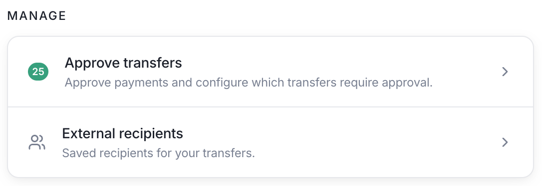 The Manage section of the Move Money page showing the Approve transfers card with a badge of 25 pending requests.