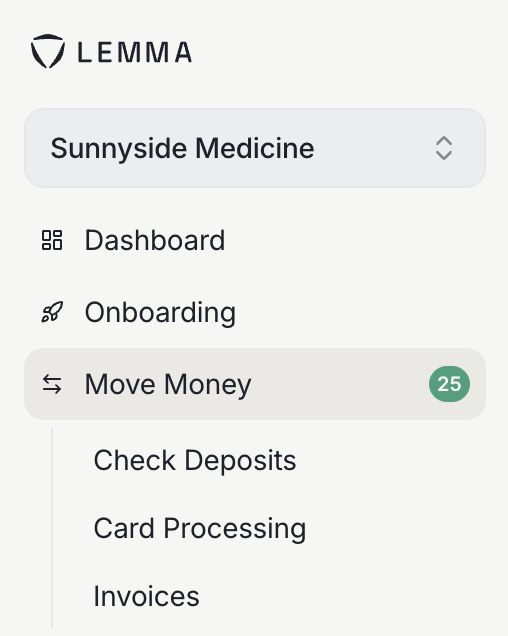 The Lemma sidebar showing a badge with a count of 25 on the Move Money item.