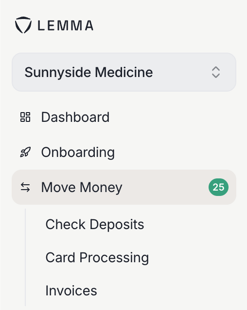 The Lemma sidebar showing a badge with a count of 25 on the Move Money item.