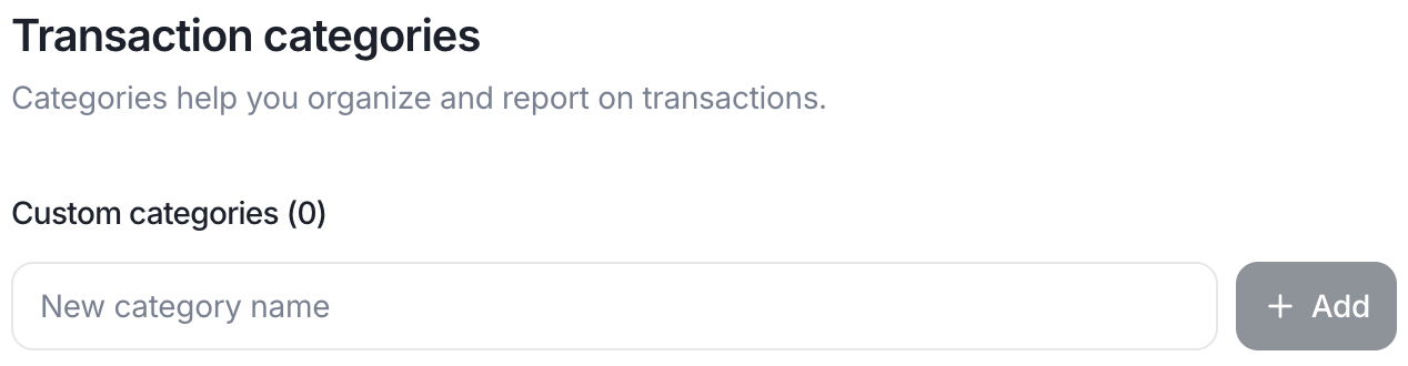 Transaction Categories settings page showing the new category input.