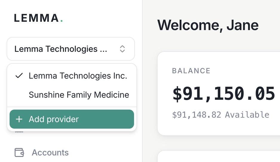 The provider switcher in the sidebar showing two linked providers and a button to add a new provider.