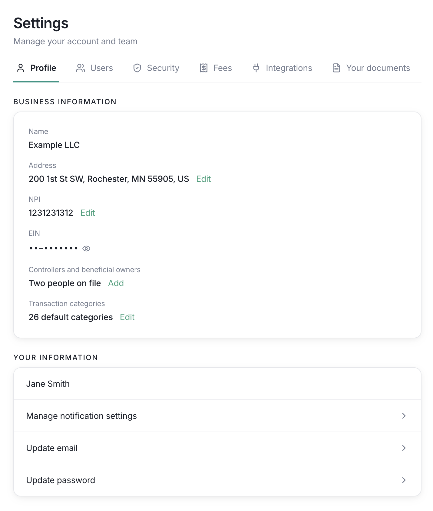 Lemma profile settings page showing business information and personal information links.