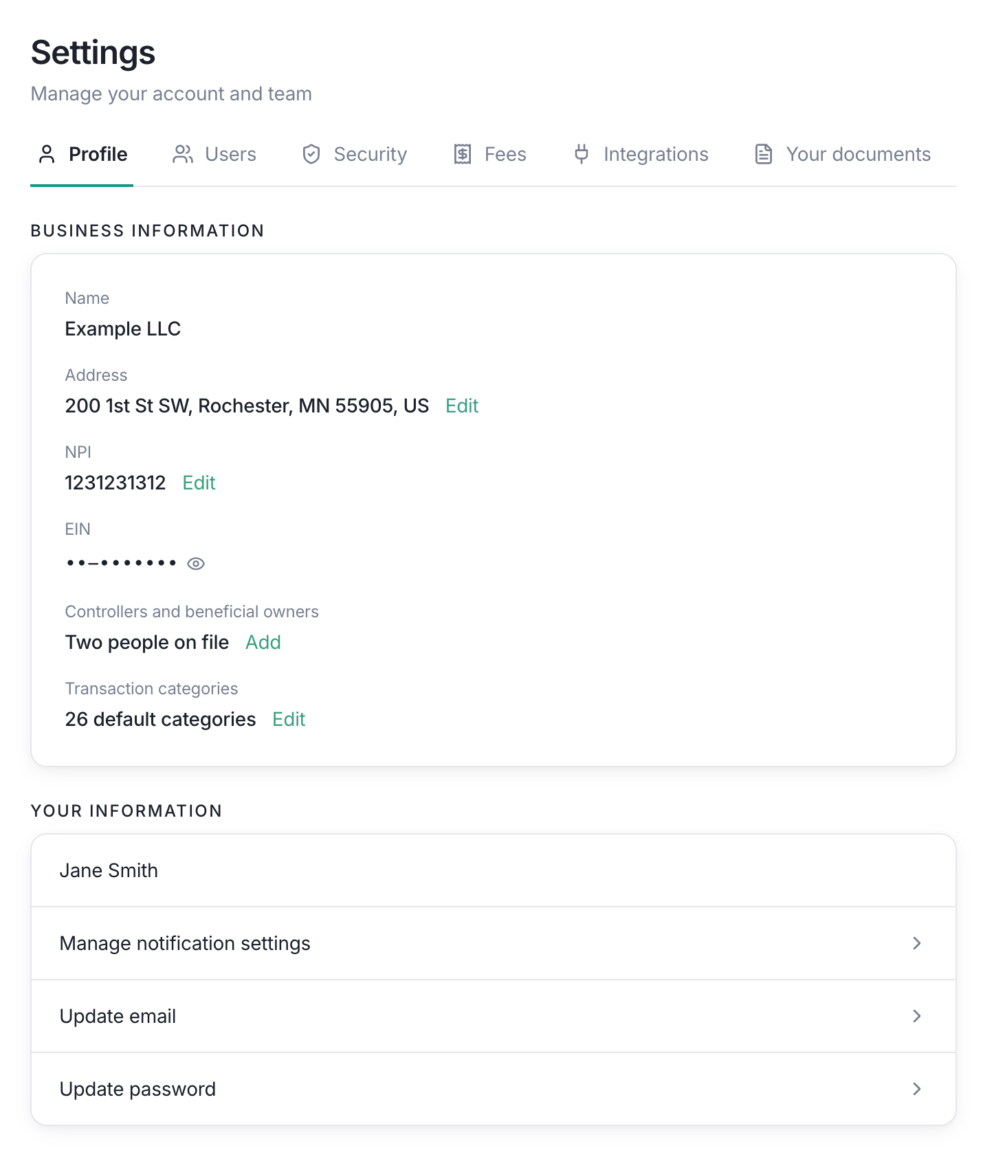 Lemma profile settings page showing business information and personal information links.