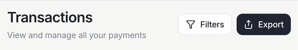 Transactions page showing the Filters and Export buttons