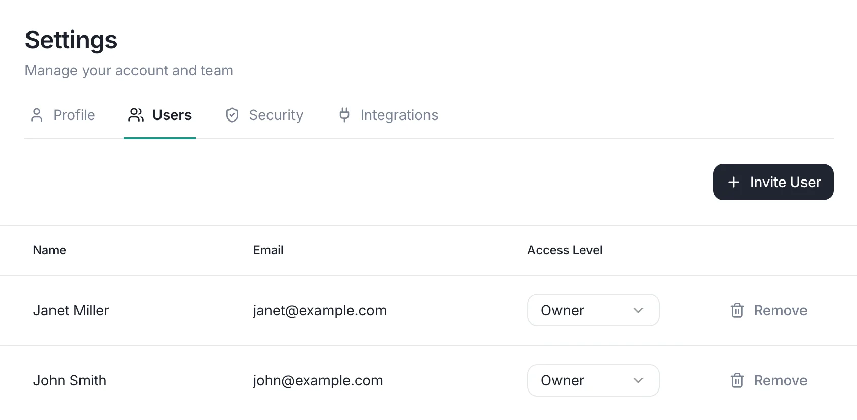 The team management page showing a list of organization members with their roles.