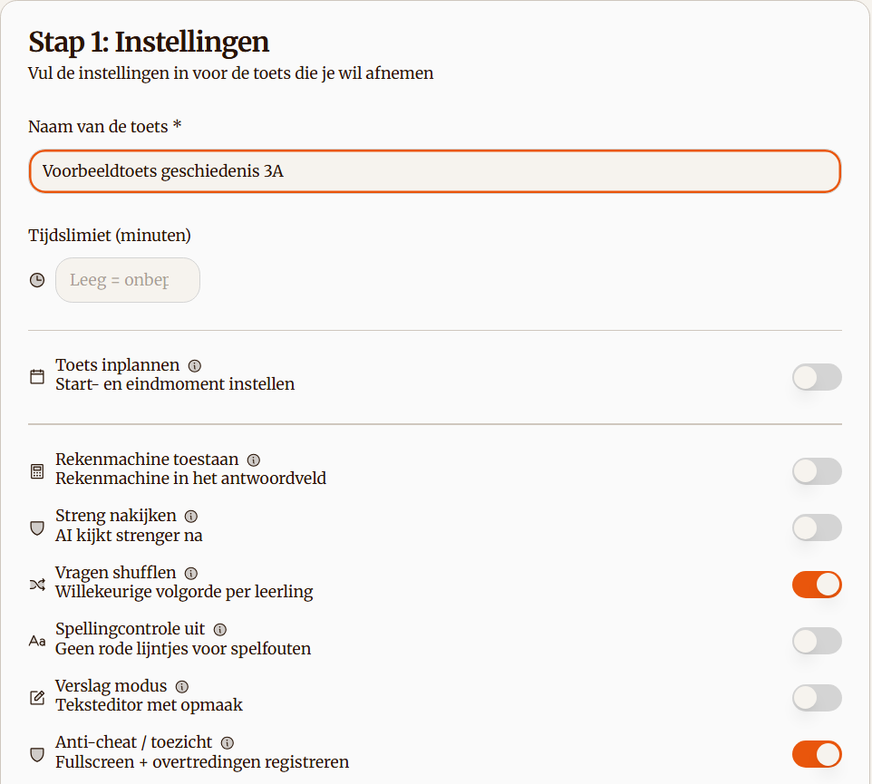 Instellingen voor een digitale toetsafname met een fictieve toetsnaam