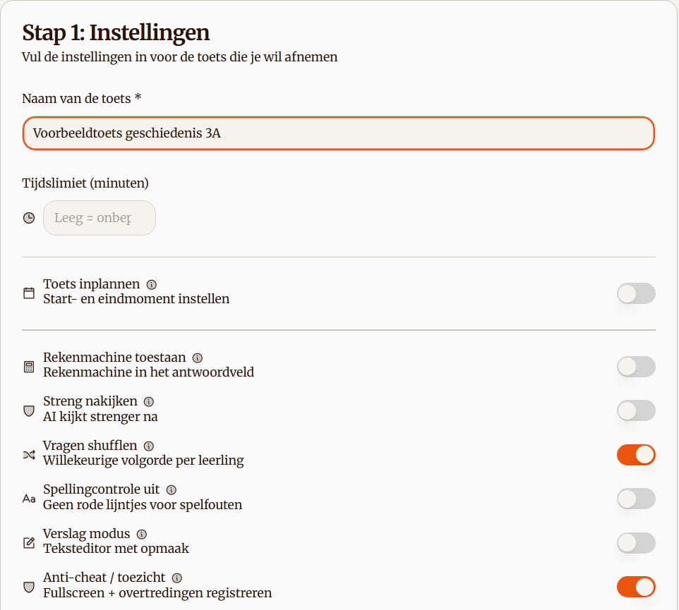 Instellingen voor een digitale toetsafname met een fictieve toetsnaam