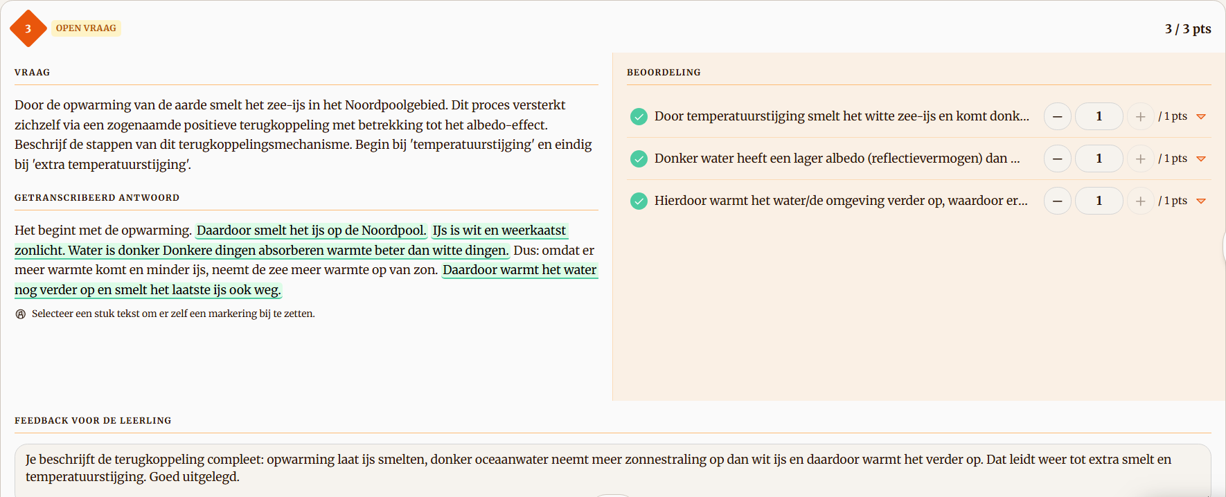 Beoordeling per vraag met gemarkeerd antwoord, criteria en feedback