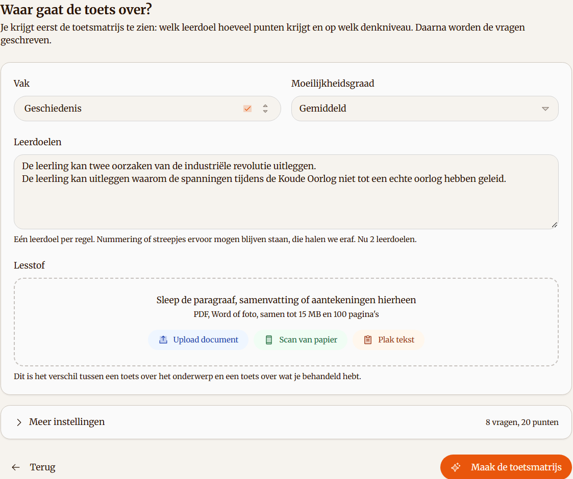 Formulier voor het genereren van een toets met fictieve leerdoelen