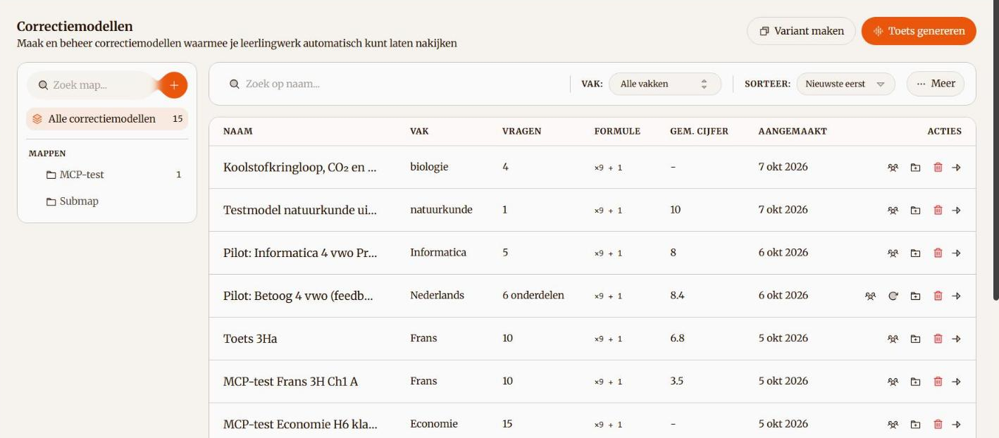 Overzicht van correctiemodellen met de knoppen Variant maken en Toets genereren