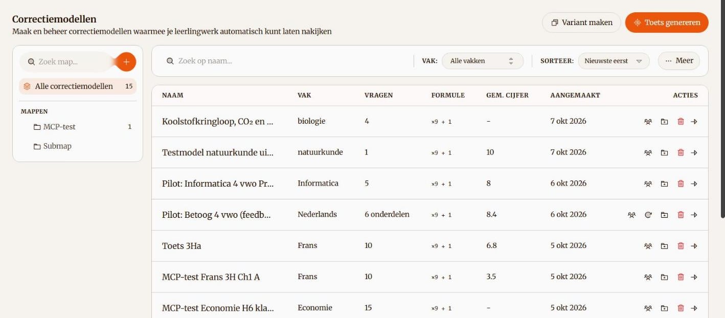 Overzicht van correctiemodellen met de knoppen Variant maken en Toets genereren