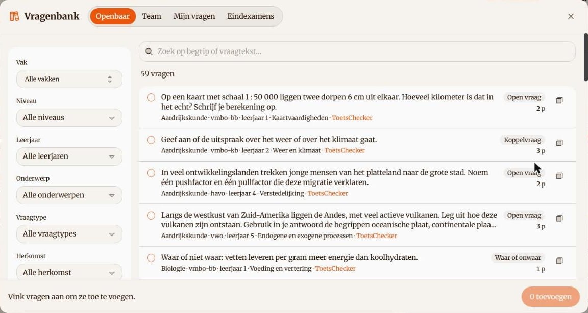 De vragenbank met filters links en vragen met niveau, leerjaar en onderwerp