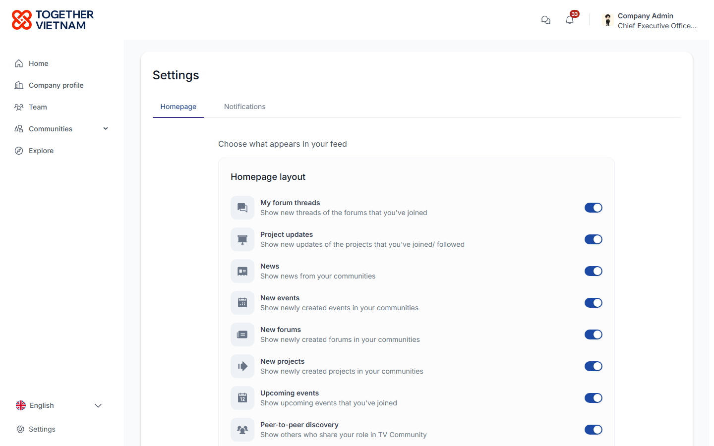 Settings: homepage