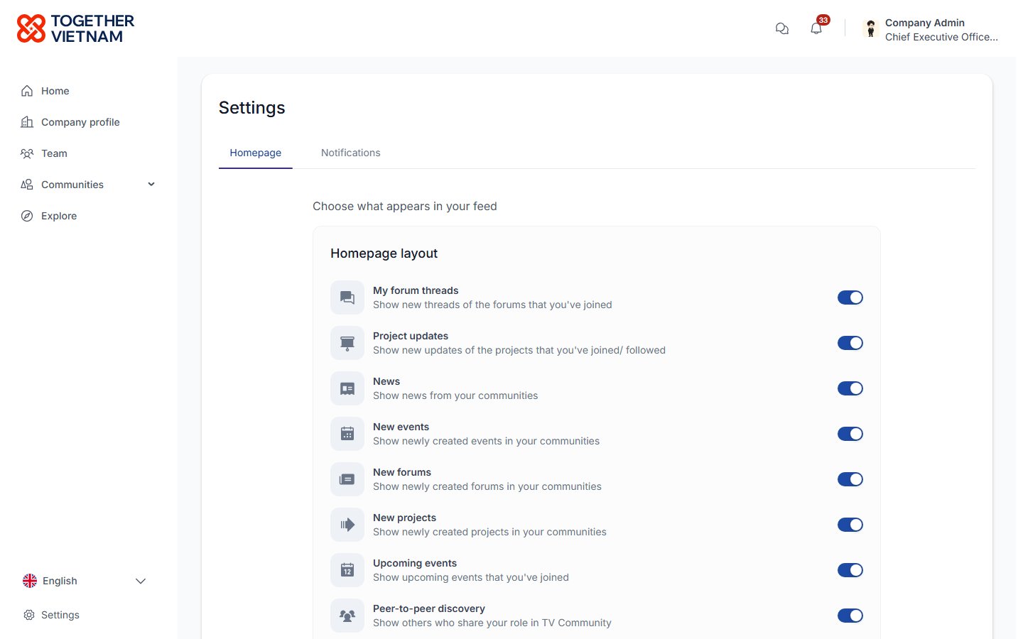 Settings: homepage