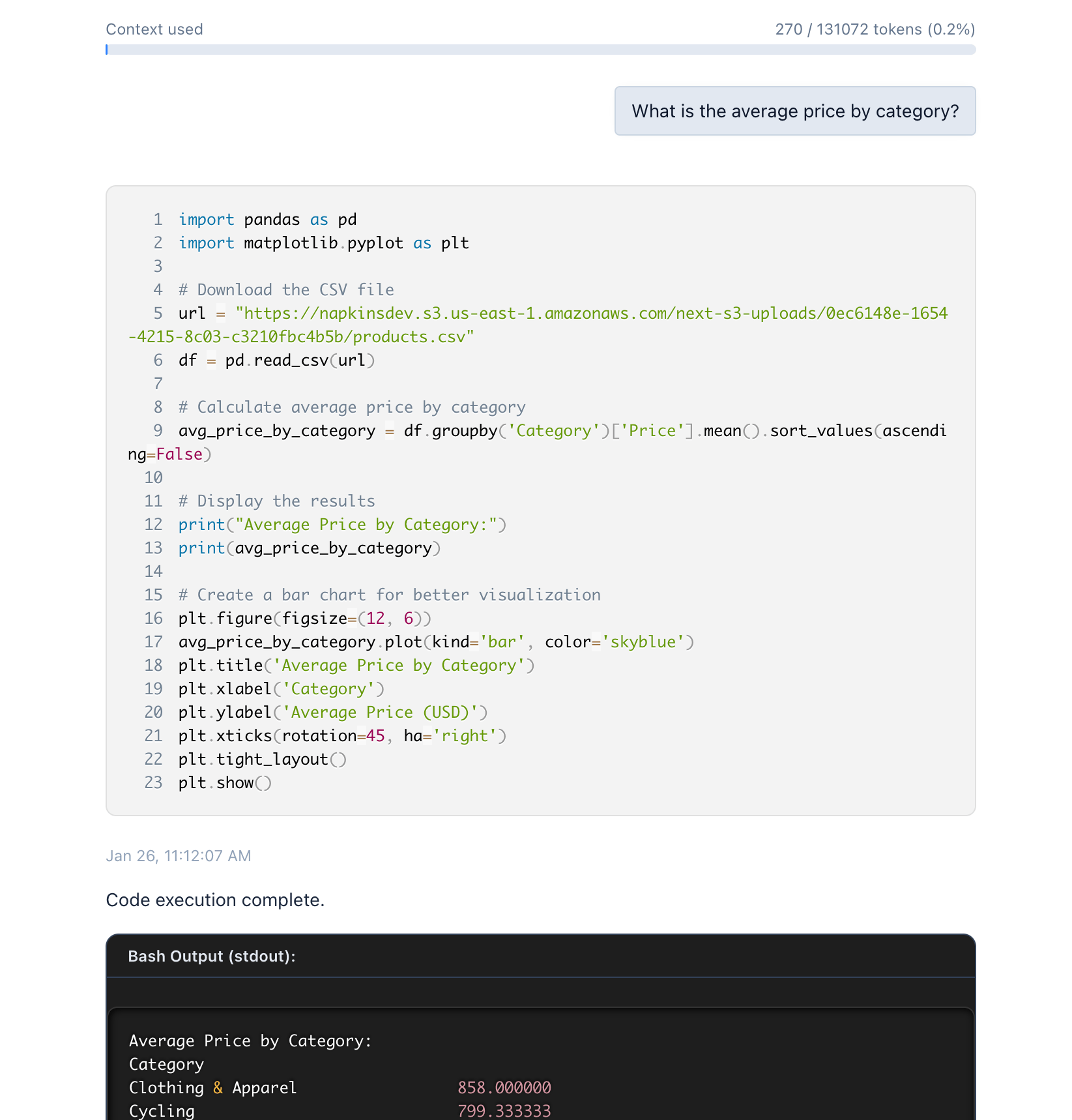 Generated Python code that downloads the CSV and analyzes it