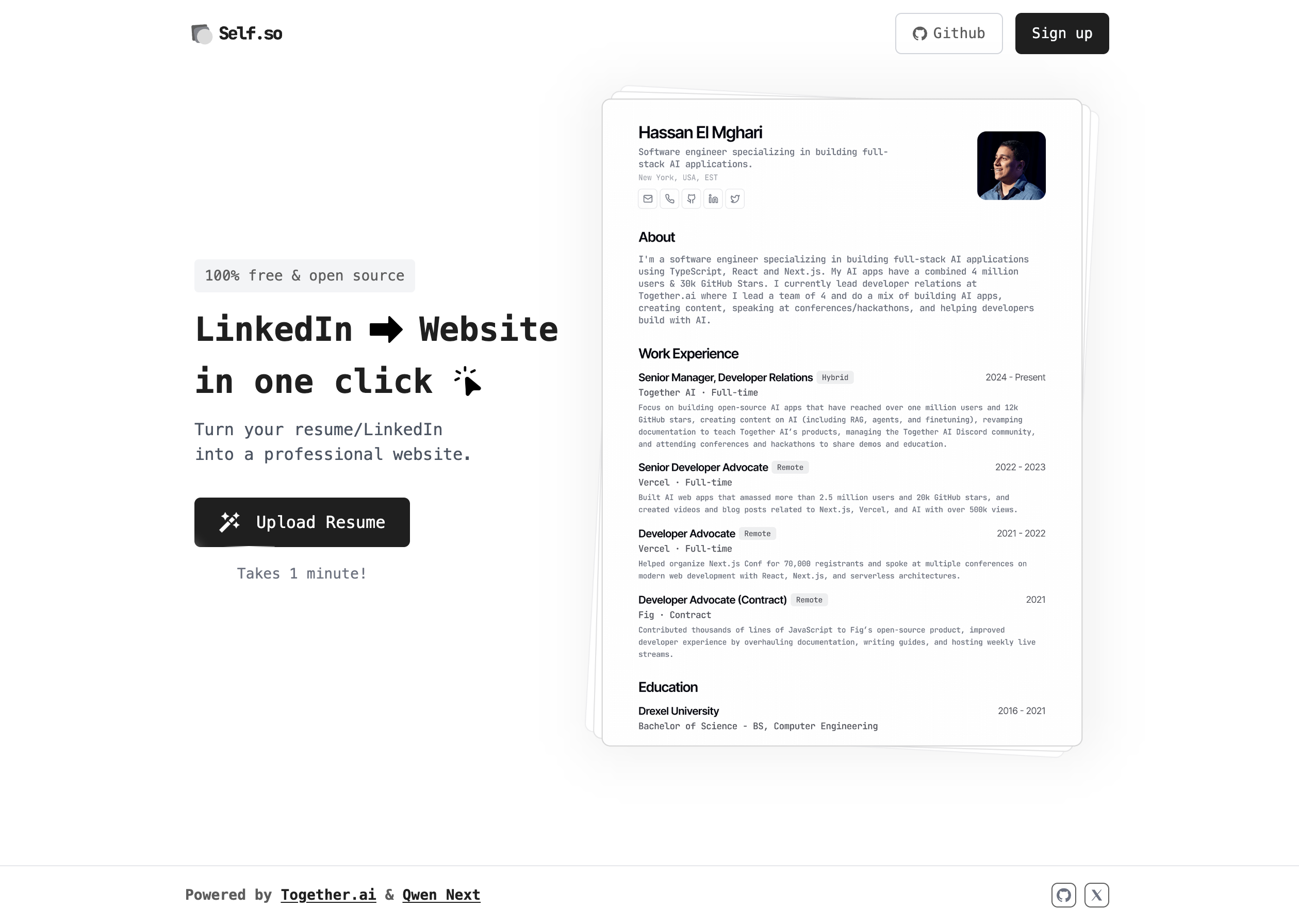 The Self.so home page with a resume upload prompt