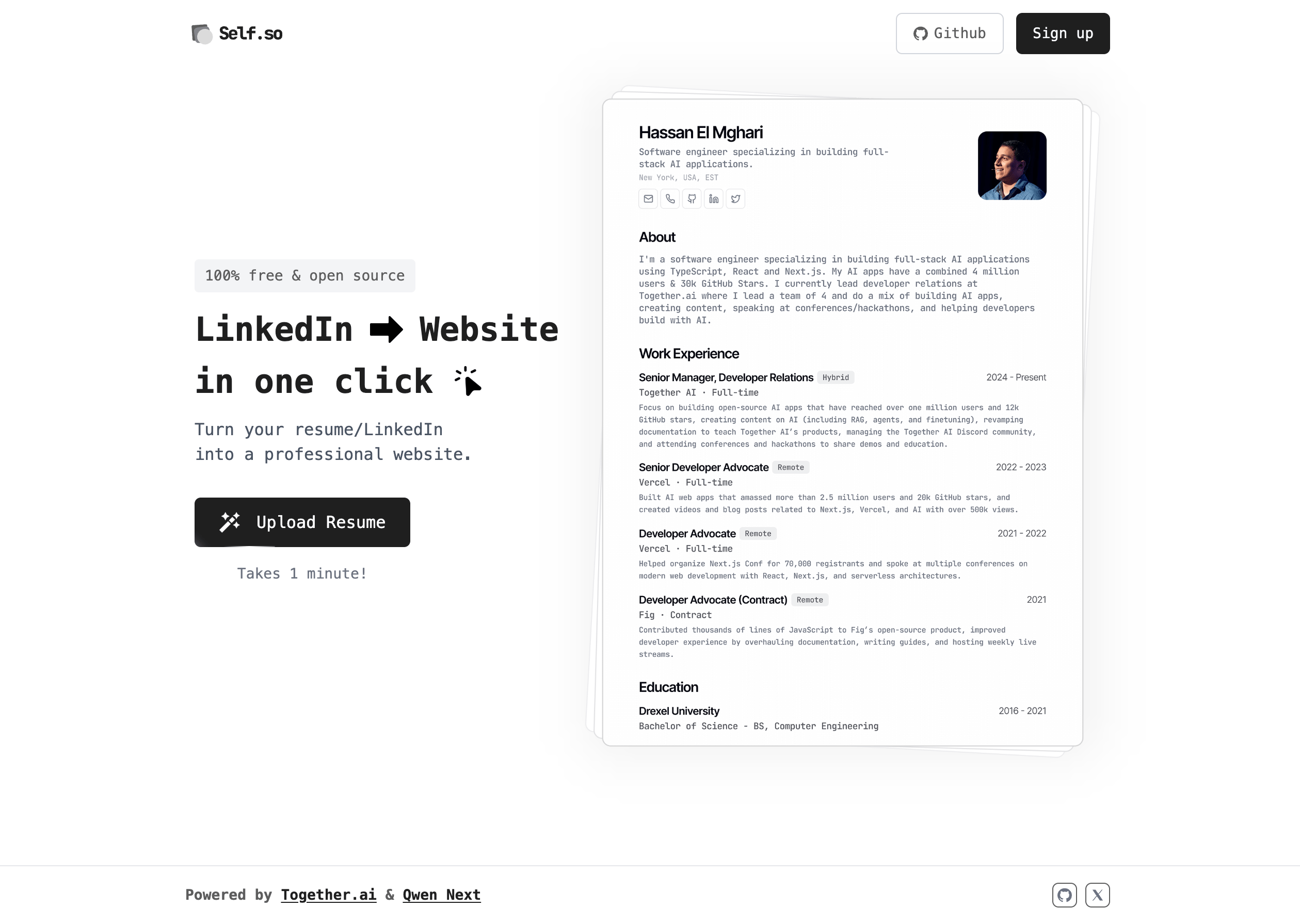 The Self.so home page with a resume upload prompt