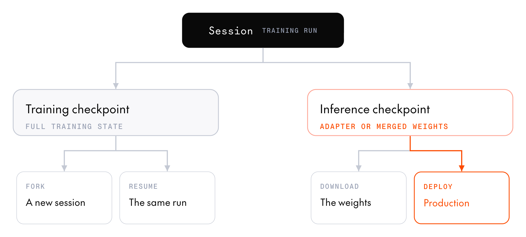 The two kinds of checkpoints a training session produces. A training checkpoint holds the full training state, and you use it to fork a new session or resume the same run. An inference checkpoint holds adapter or merged weights, and you use it to download the weights or deploy them to production.
