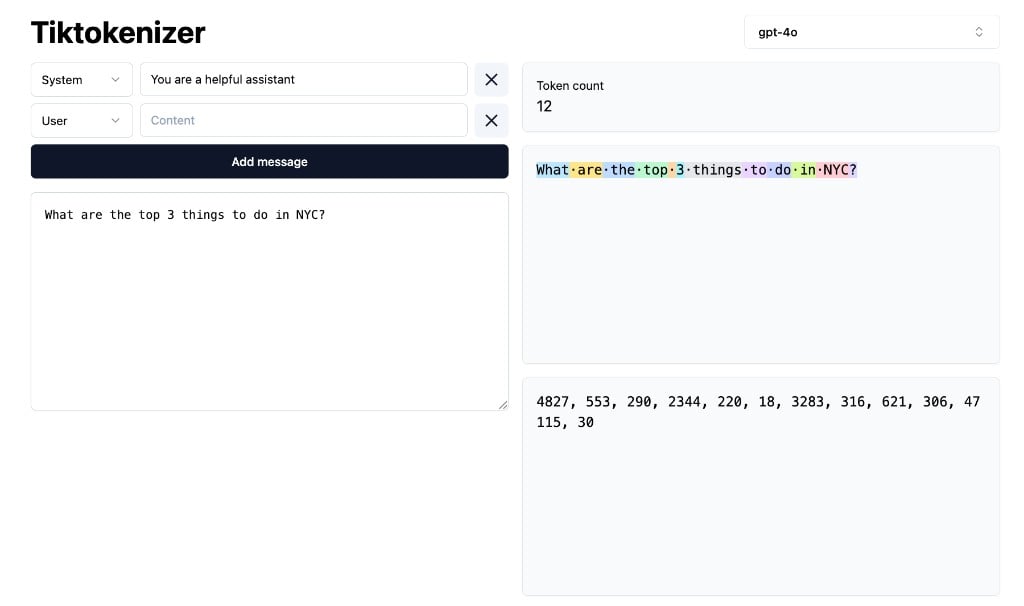 Tokenized example: "What are the top 3 things to do in NYC?" split into 12 tokens with integer IDs shown. Click to open tiktokenizer.vercel.app.