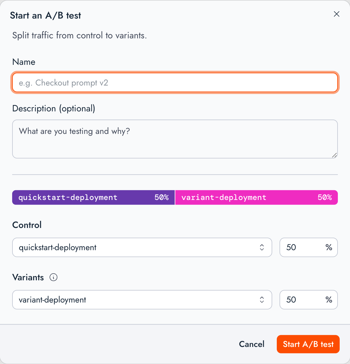 The Start an A/B test dialog in the Together AI console, with a name field, a traffic-split bar, and Control and Variants sections that each pair a deployment with a traffic percentage.