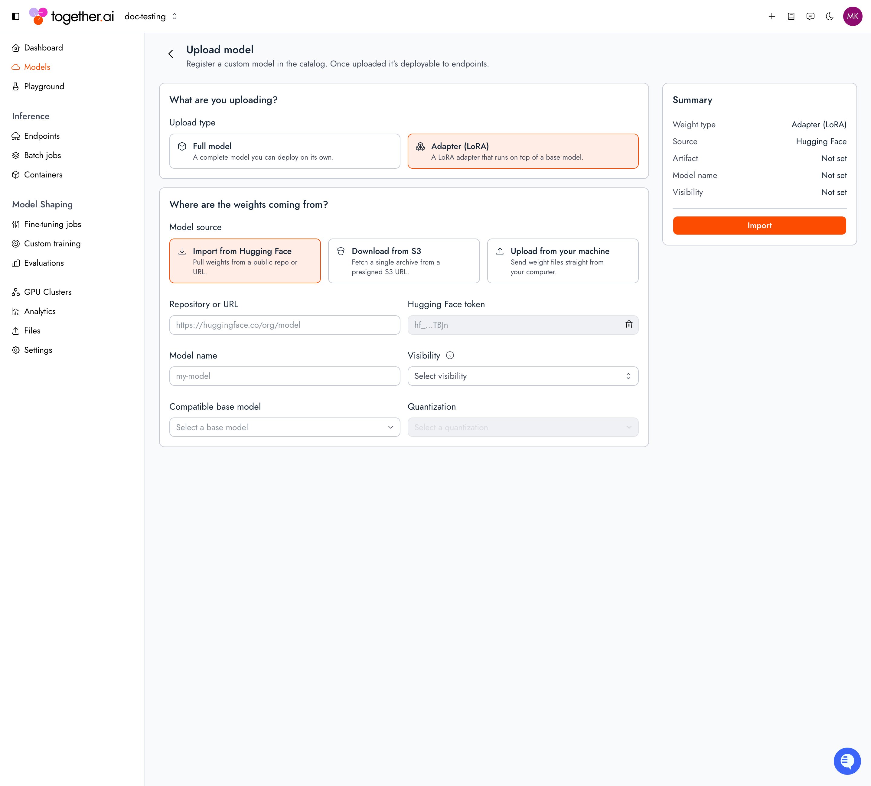 The Upload model form in the Together AI console, set to Adapter (LoRA) with Import from Hugging Face selected, showing fields for repository or URL, Hugging Face token, model name, visibility, and compatible base model.