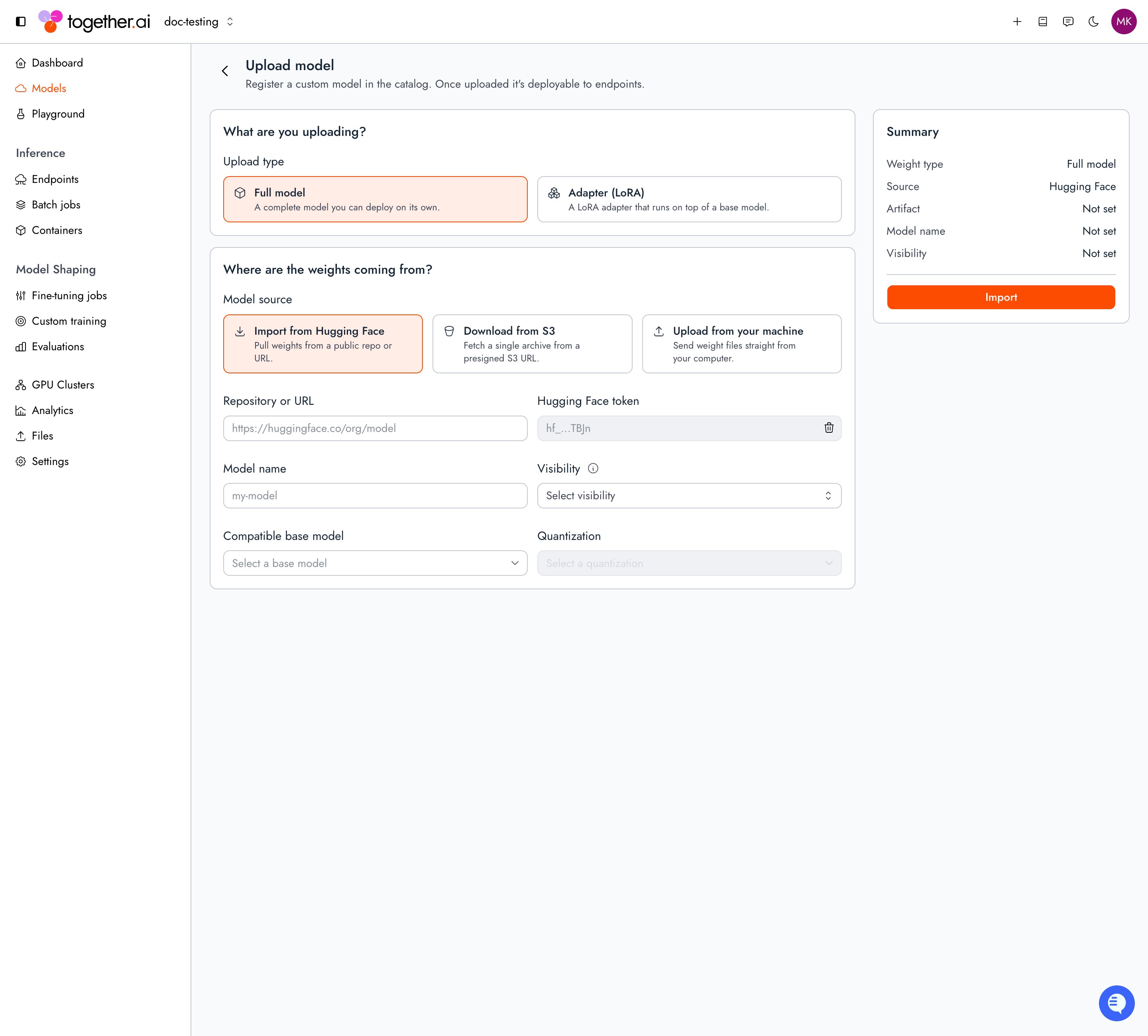 The Upload model form in the Together AI console, set to Full model with Import from Hugging Face selected, showing fields for repository or URL, Hugging Face token, model name, visibility, compatible base model, and quantization.