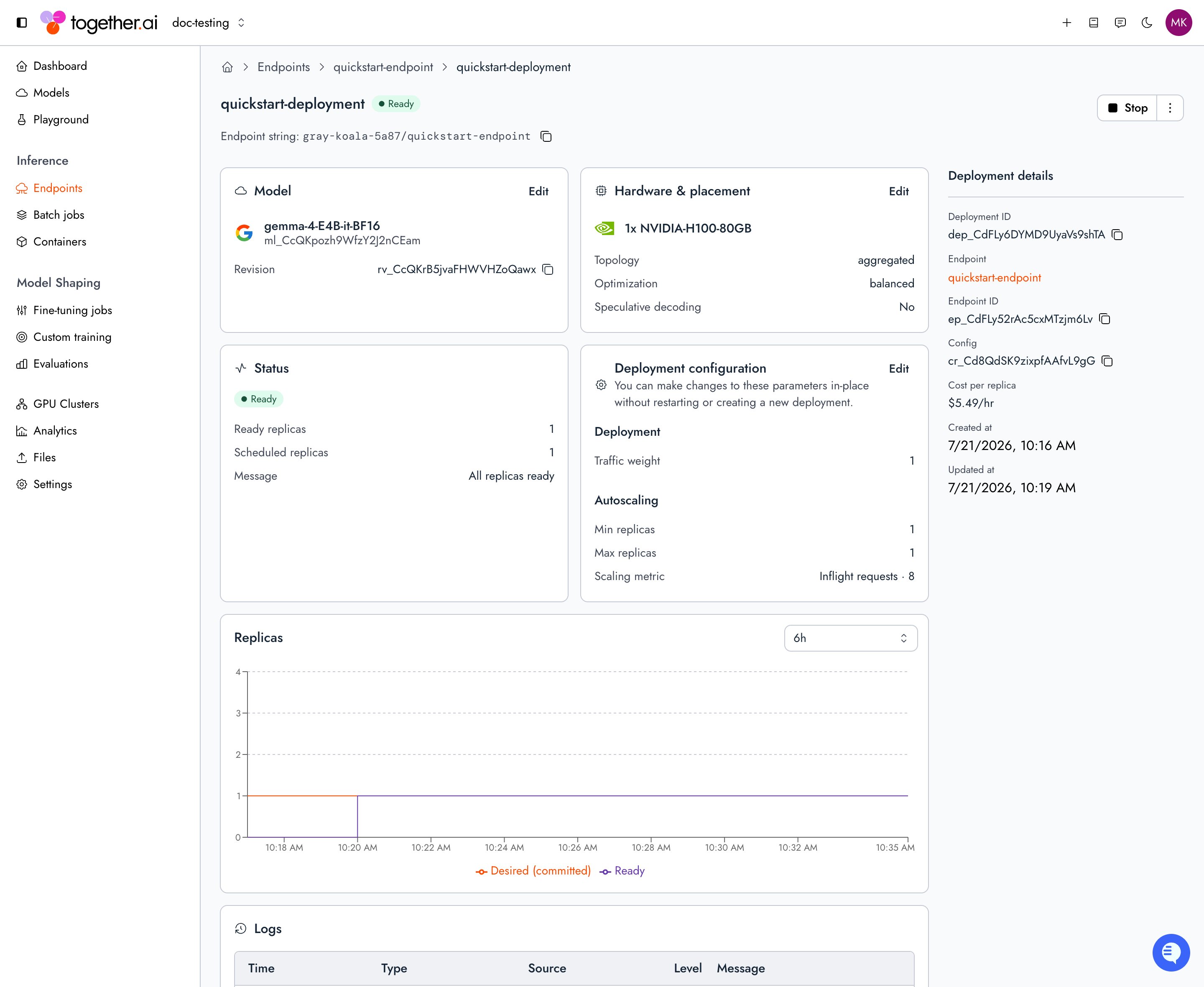 A deployment detail page in the Together AI console, showing the Model, Hardware and placement, Status, and Deployment configuration cards, a replica-count chart, and the deployment's logs.