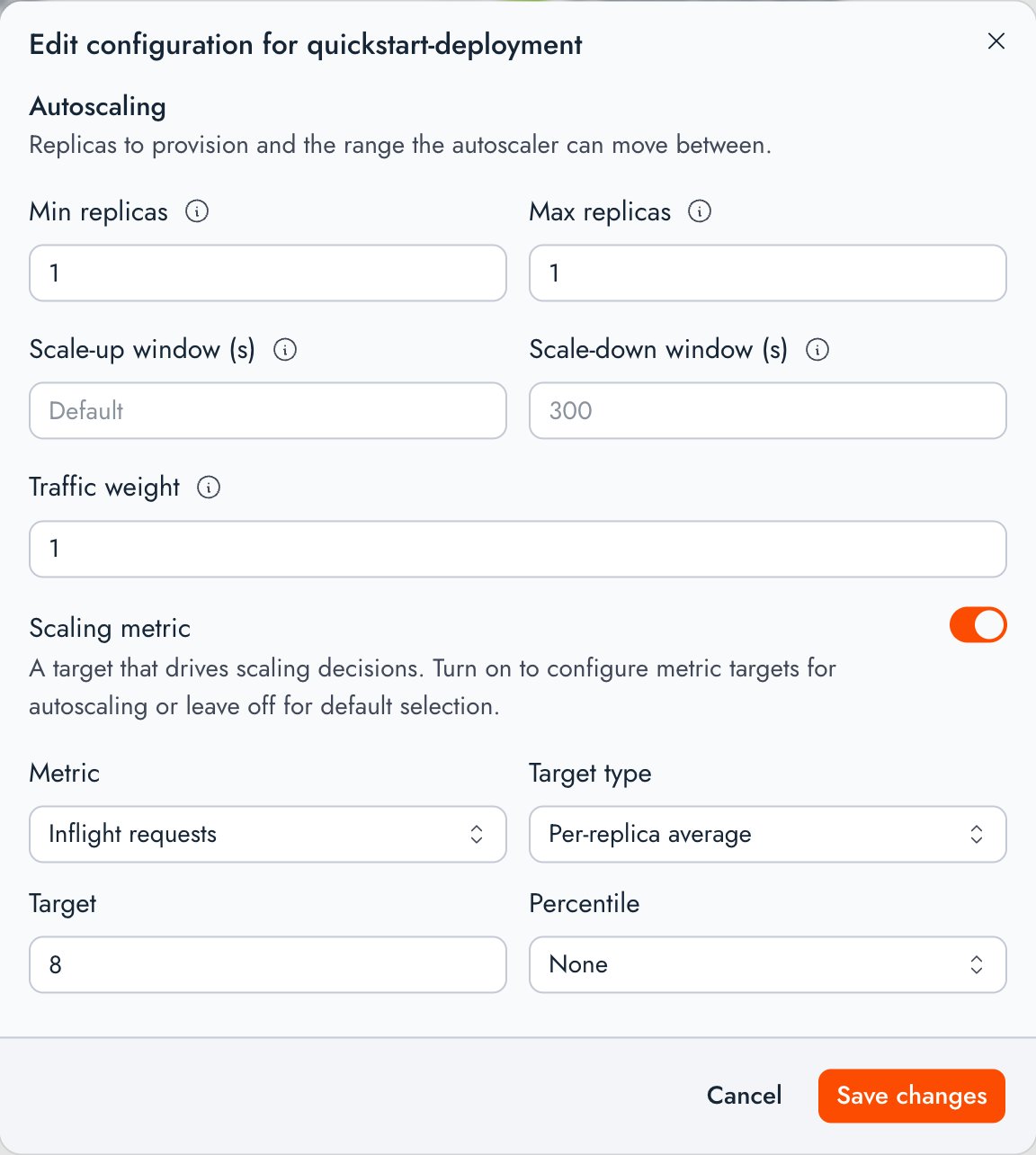 The Edit configuration dialog in the Together AI console, with inputs for min and max replicas, scale-up and scale-down windows, traffic weight, and a scaling-metric target.