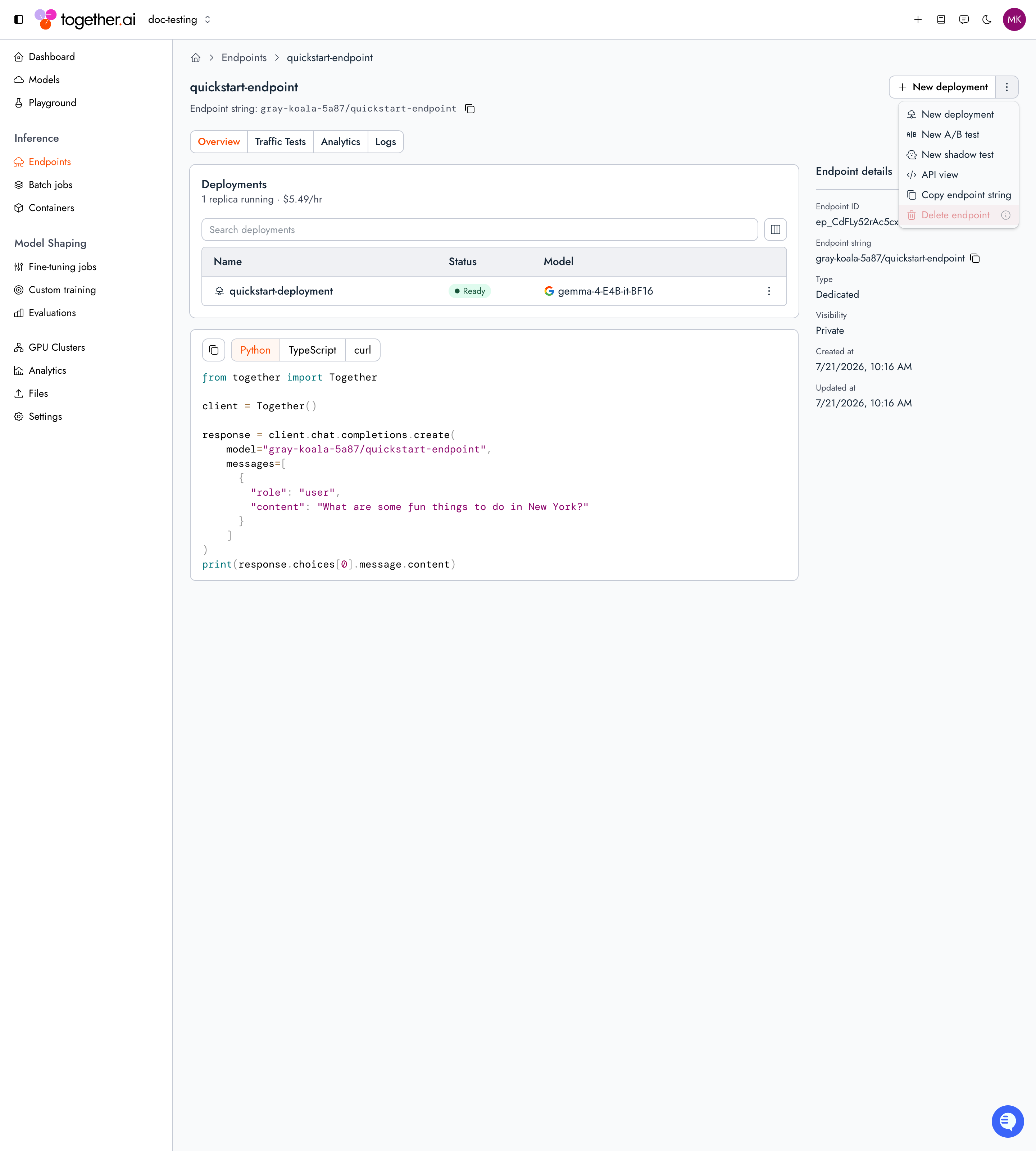 The Endpoint actions menu open in the Together AI console, with a Delete endpoint item that is disabled while a deployment is still running.