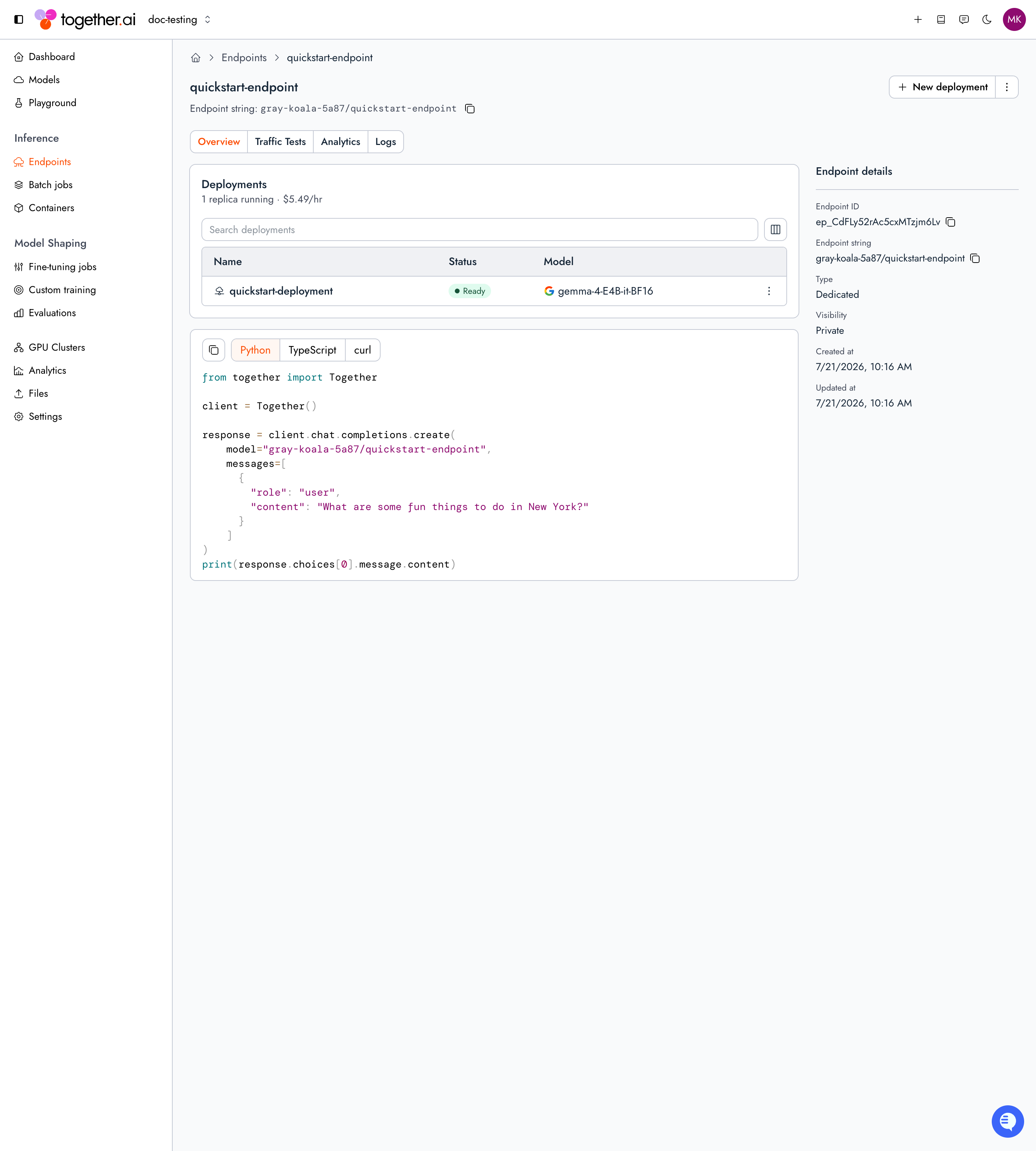 An endpoint detail page in the Together AI console, showing the Overview, Traffic Tests, Analytics, and Logs tabs, a deployments table, a code sample, and the endpoint's details.
