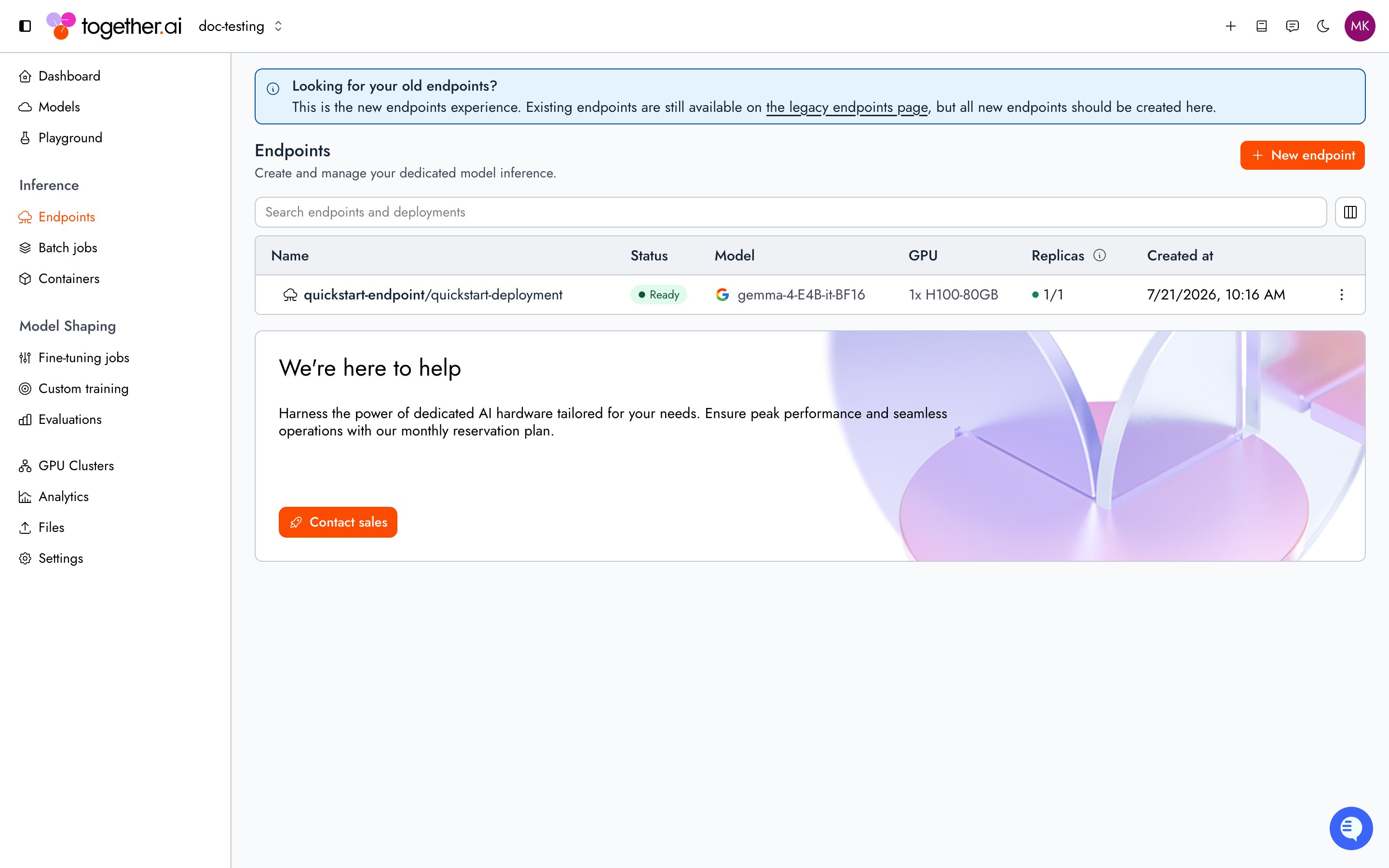 The Endpoints list in the Together AI console, with columns for name, status, model, GPU, replicas, and created date, and a New endpoint button.
