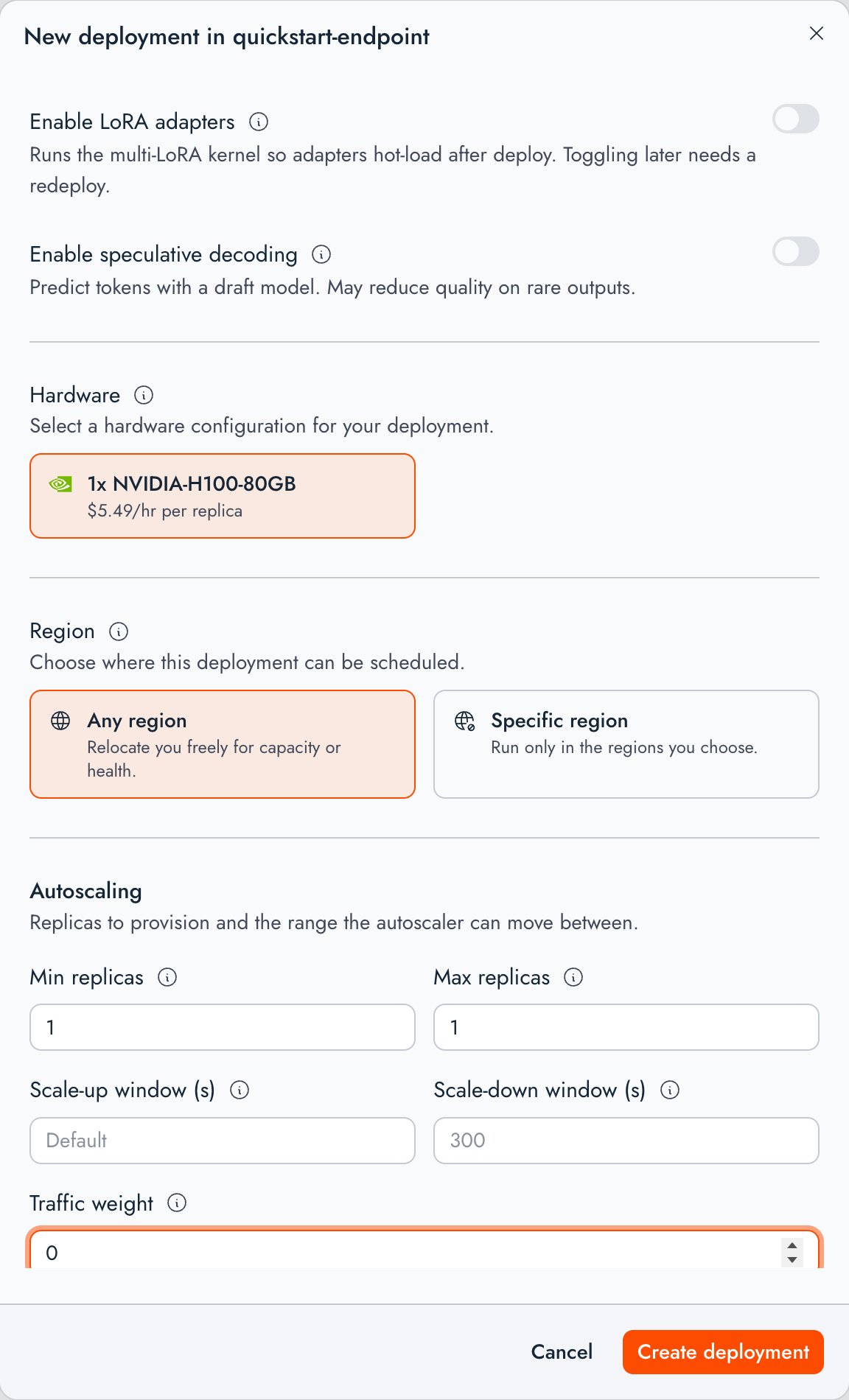 The New deployment dialog in the Together AI console, with fields for deployment name, model, quantization, hardware, region, autoscaling replica bounds, and traffic weight.