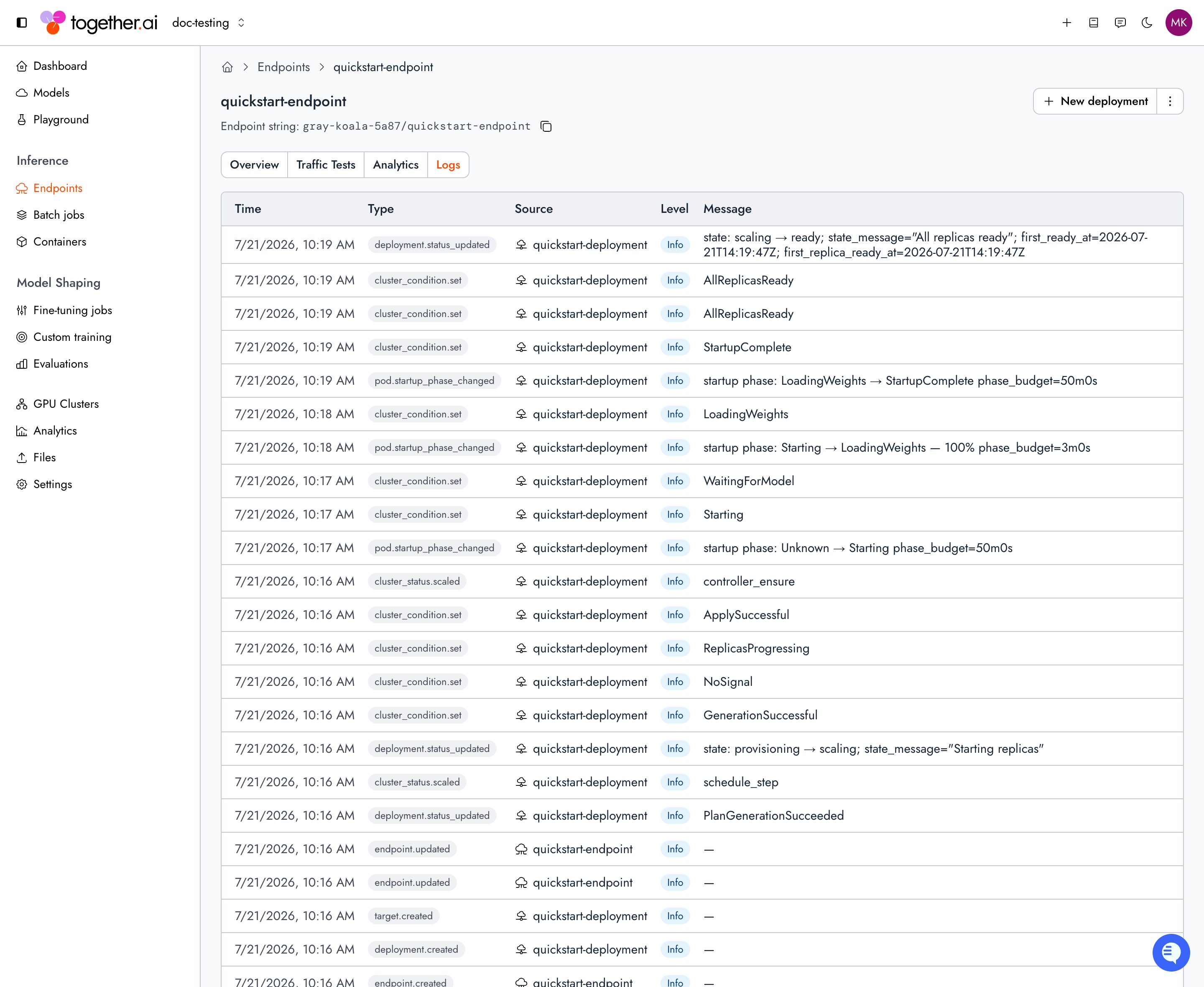 The Logs tab for an endpoint in the Together AI console, an event feed with Time, Type, Source, Level, and Message columns showing the deployment's lifecycle events.