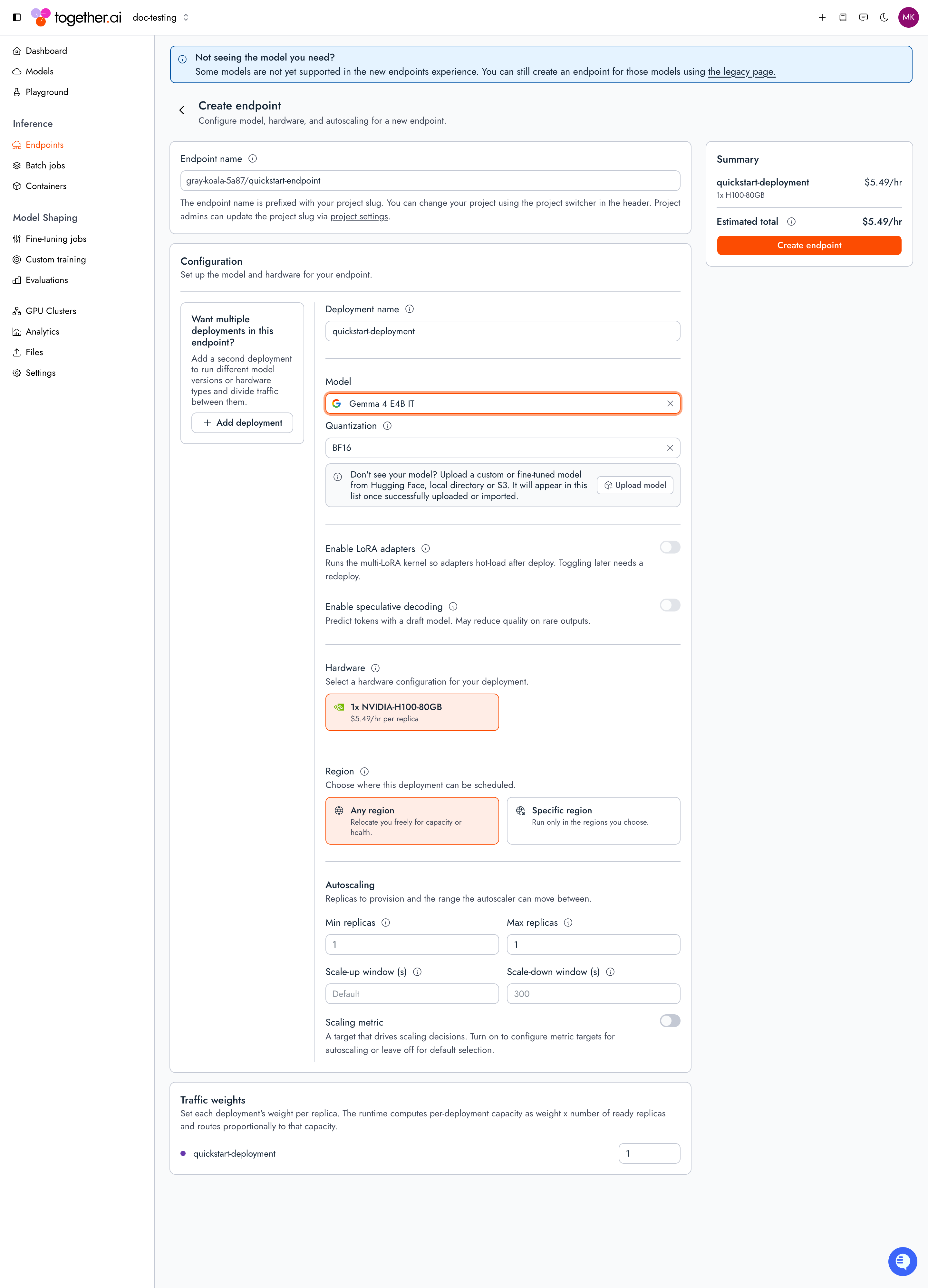 The Create endpoint form in the Together AI console, configured with the model Gemma 4 E4B IT, BF16 quantization, 1x NVIDIA-H100-80GB hardware, Any region, and min and max replicas both set to 1. The Summary panel shows an estimated $5.49 per hour and a Create endpoint button.