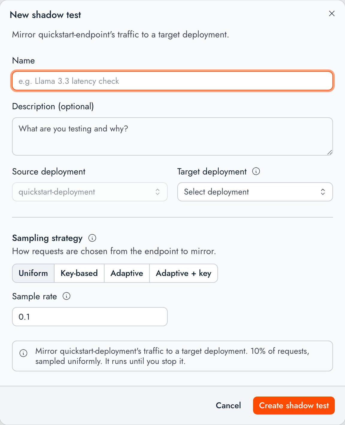 The New shadow test dialog in the Together AI console, with name and description fields, source and target deployment pickers, a sampling-strategy selector offering Uniform, Key-based, Adaptive, and Adaptive plus key, and a sample-rate input.