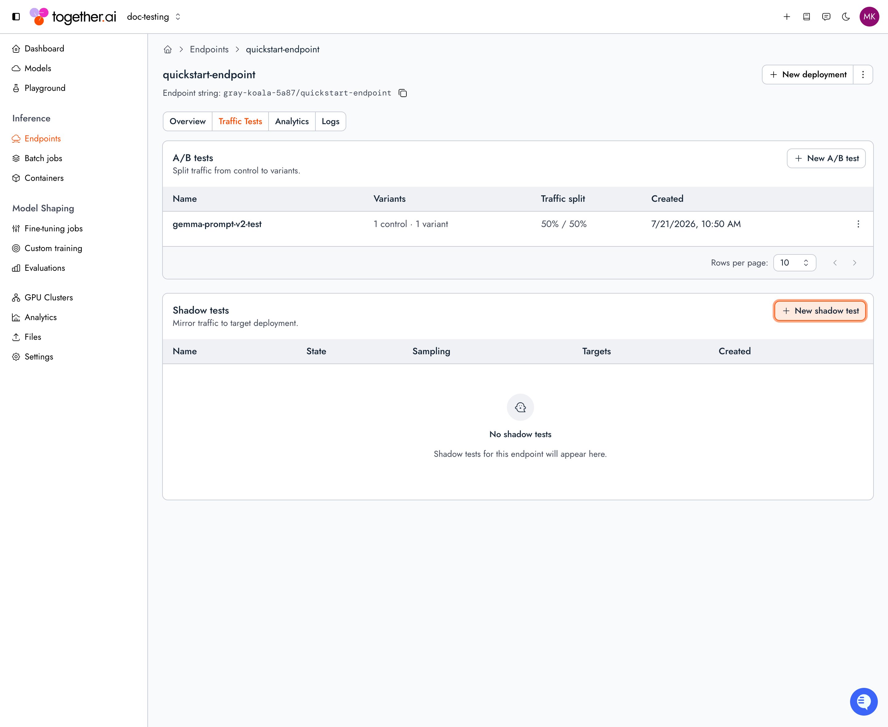 The Traffic Tests tab in the Together AI console showing an A/B test row with its name, variant count, traffic split, and creation time.