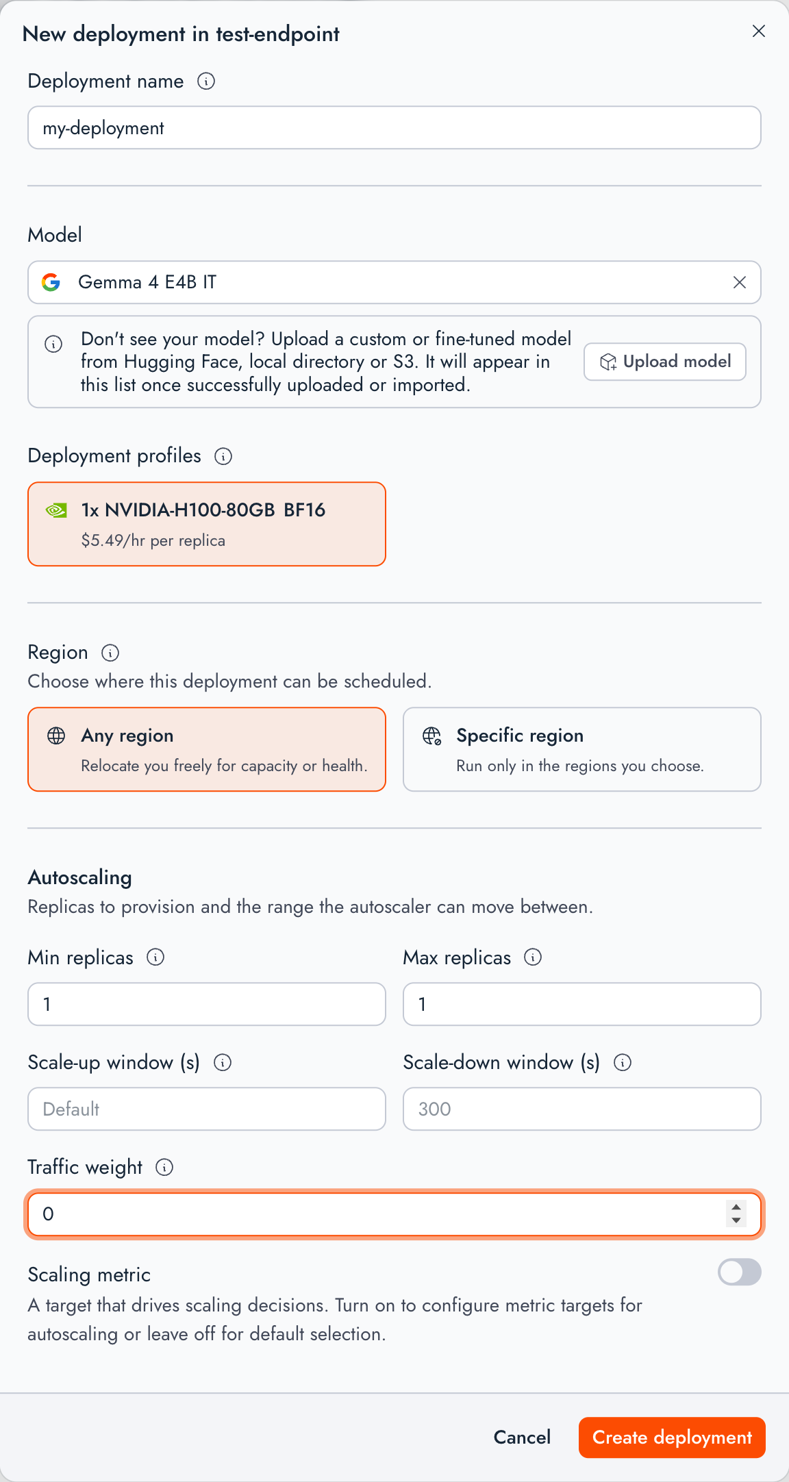 The New deployment dialog in the Together AI console, with fields for deployment name, model, deployment profiles, region, autoscaling replica bounds, and traffic weight.
