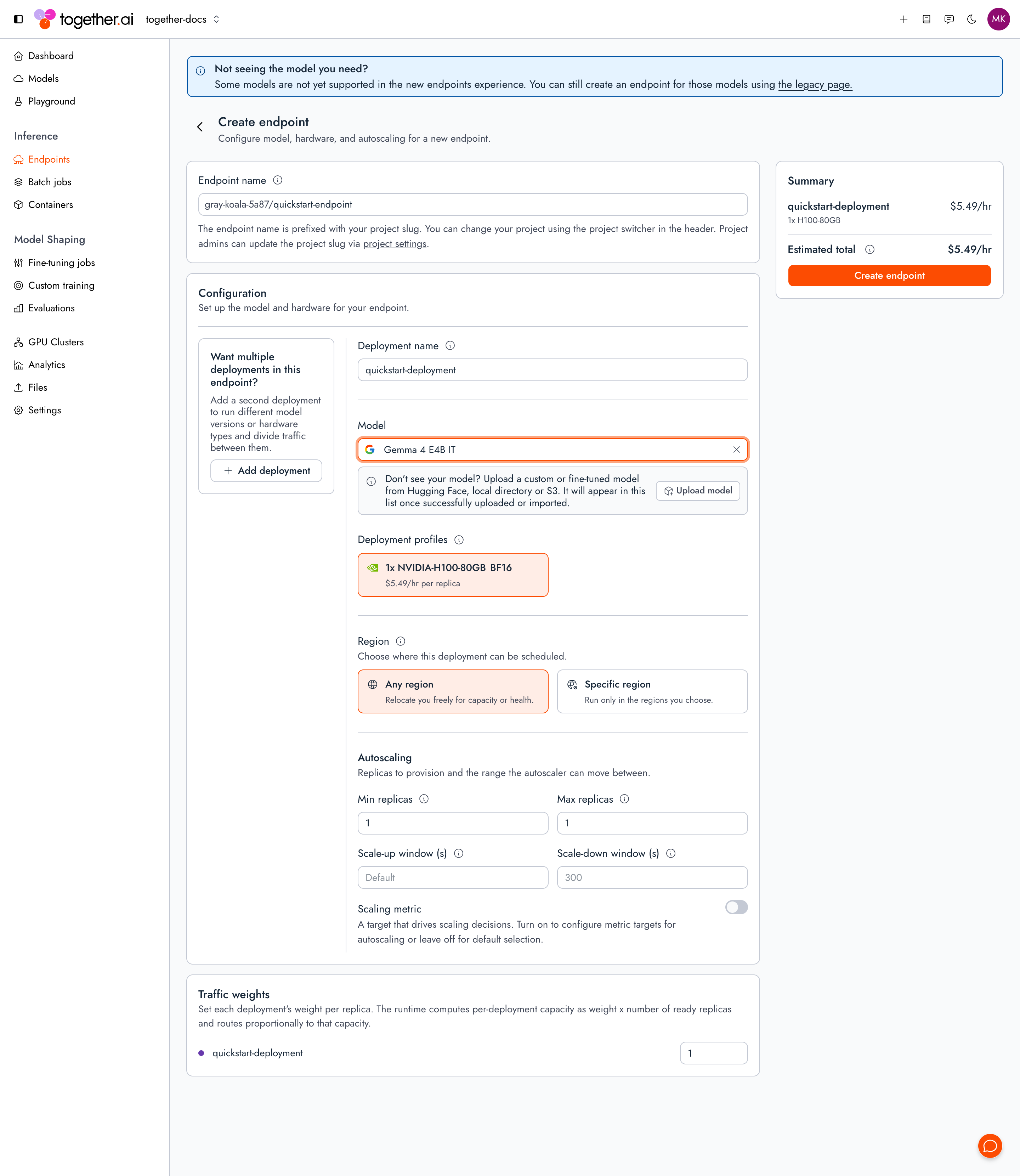 The Create endpoint form in the Together AI console, configured with the model Gemma 4 E4B IT, a selected Deployment profiles card (hardware and quantization), Any region, and min and max replicas both set to 1. The Summary panel shows an estimated hourly cost and a Create endpoint button.