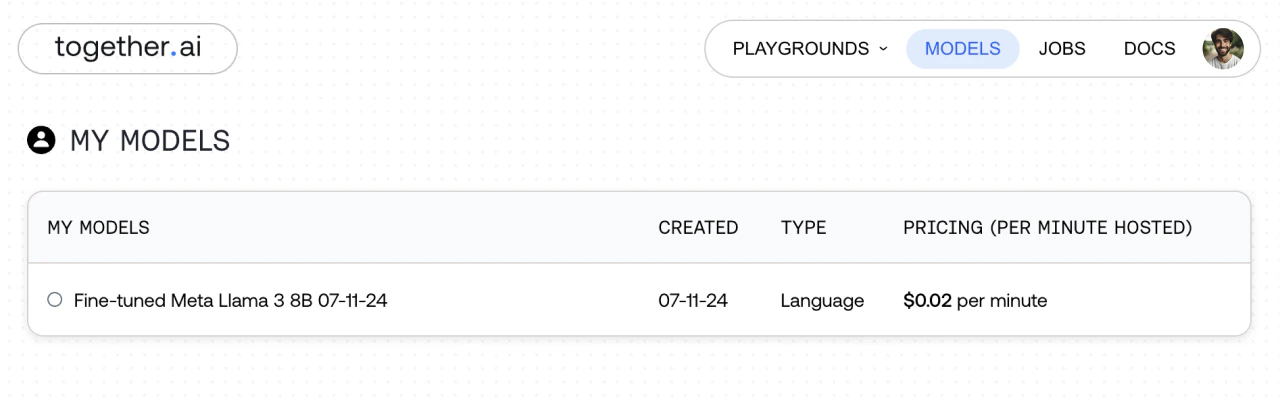 To use your model, you can either host it on Together AI for an hourly usage fee, or download your model and run it locally.