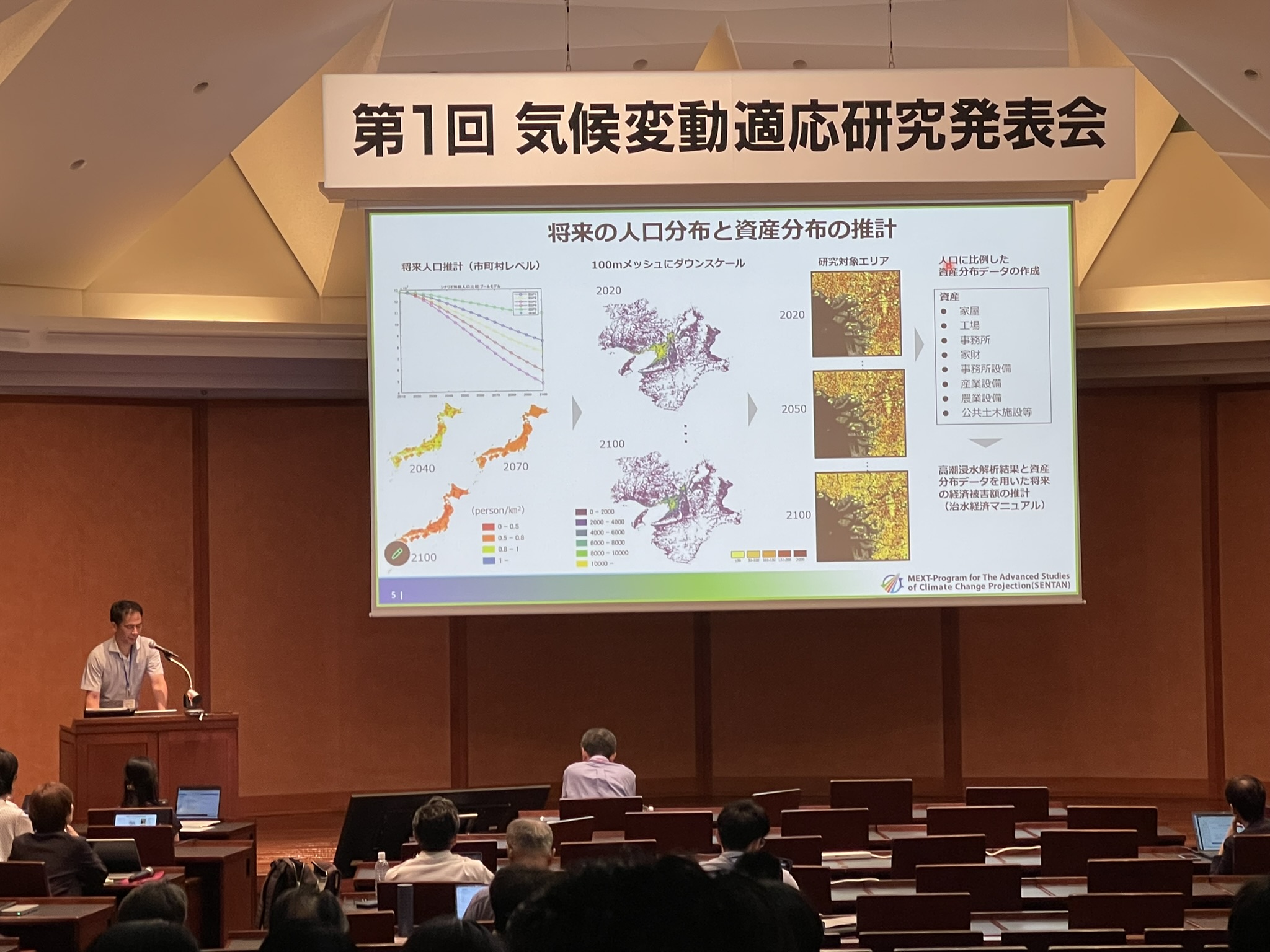 A speaker at a lectern beneath the meeting banner, presenting maps and charts of projected population and asset distributions to the audience.
