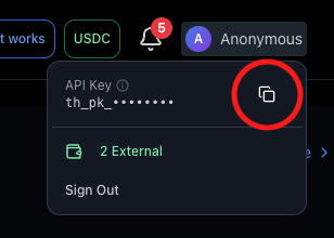 Copy API key from profile menu