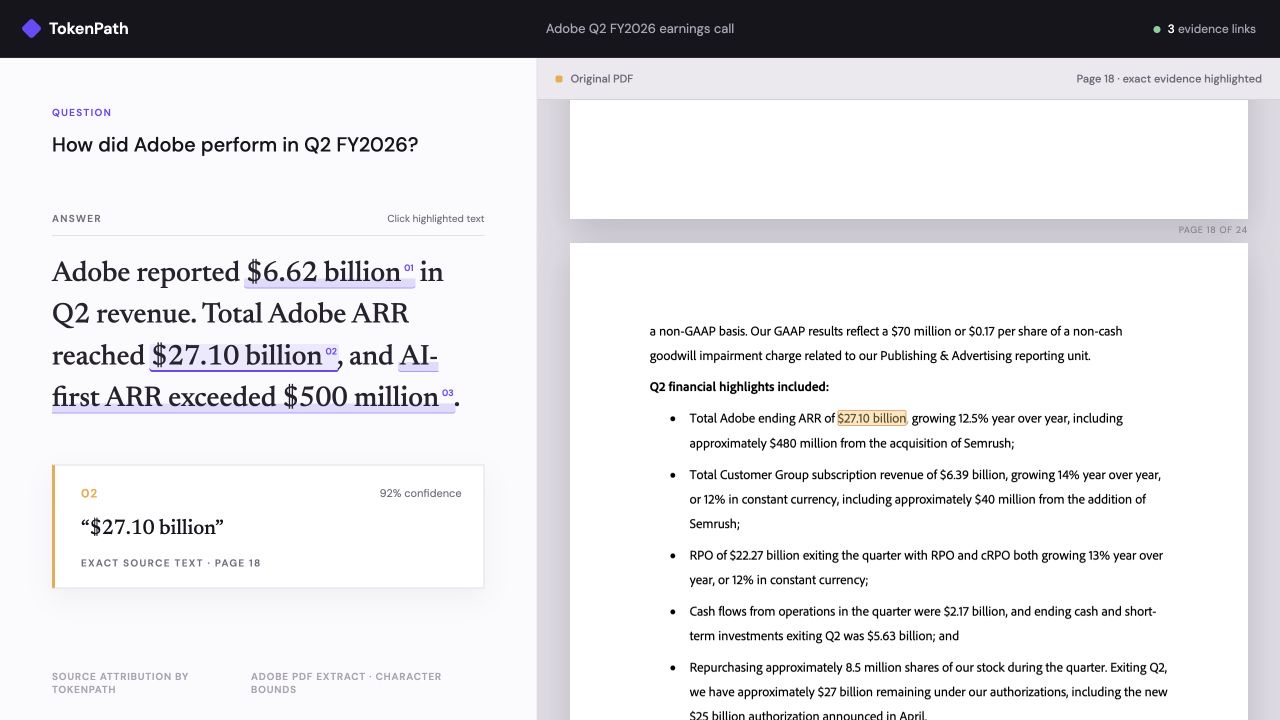 The Adobe answer with $27.10 billion selected and the exact matching text highlighted on page 18 of the PDF.
