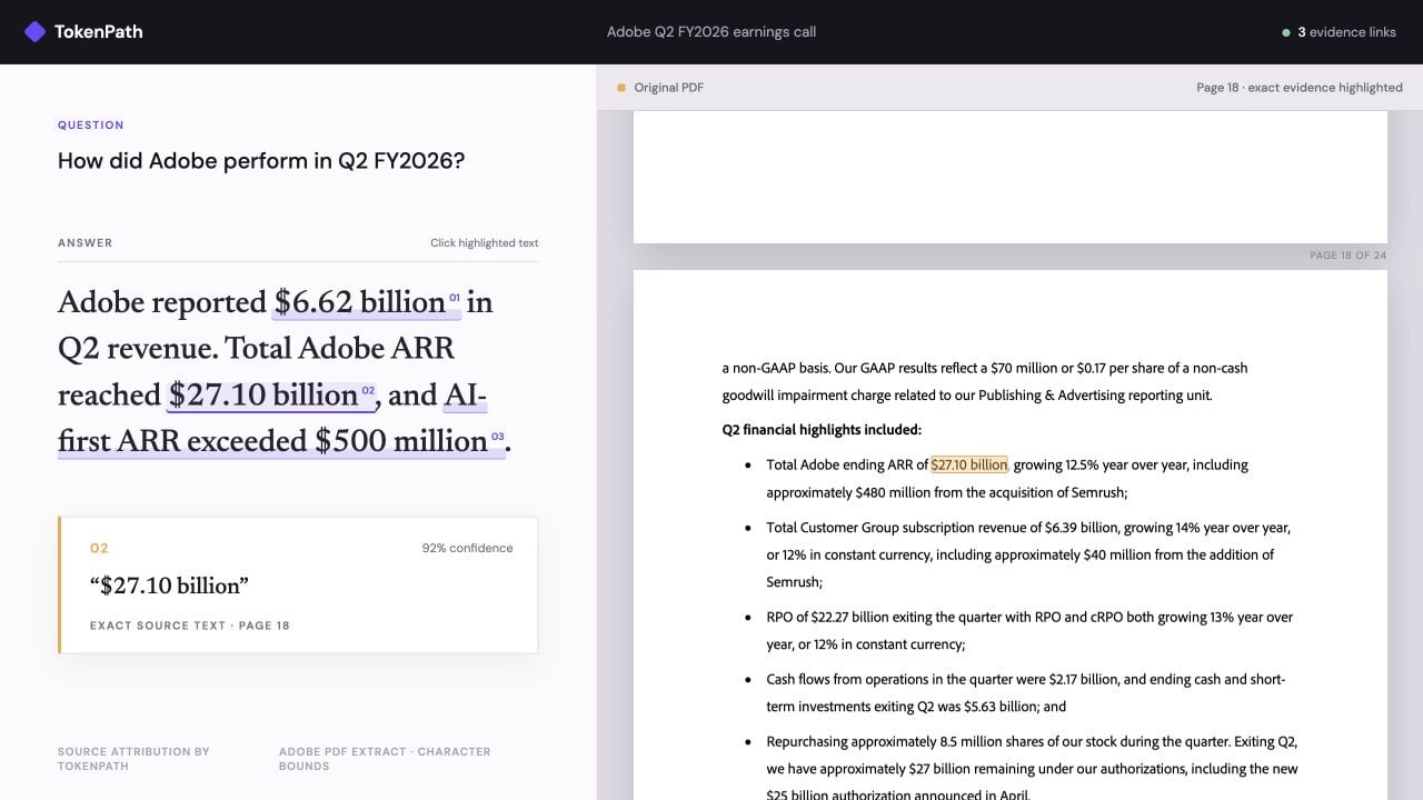 The Adobe answer with $27.10 billion selected and the exact matching text highlighted on page 18 of the PDF.