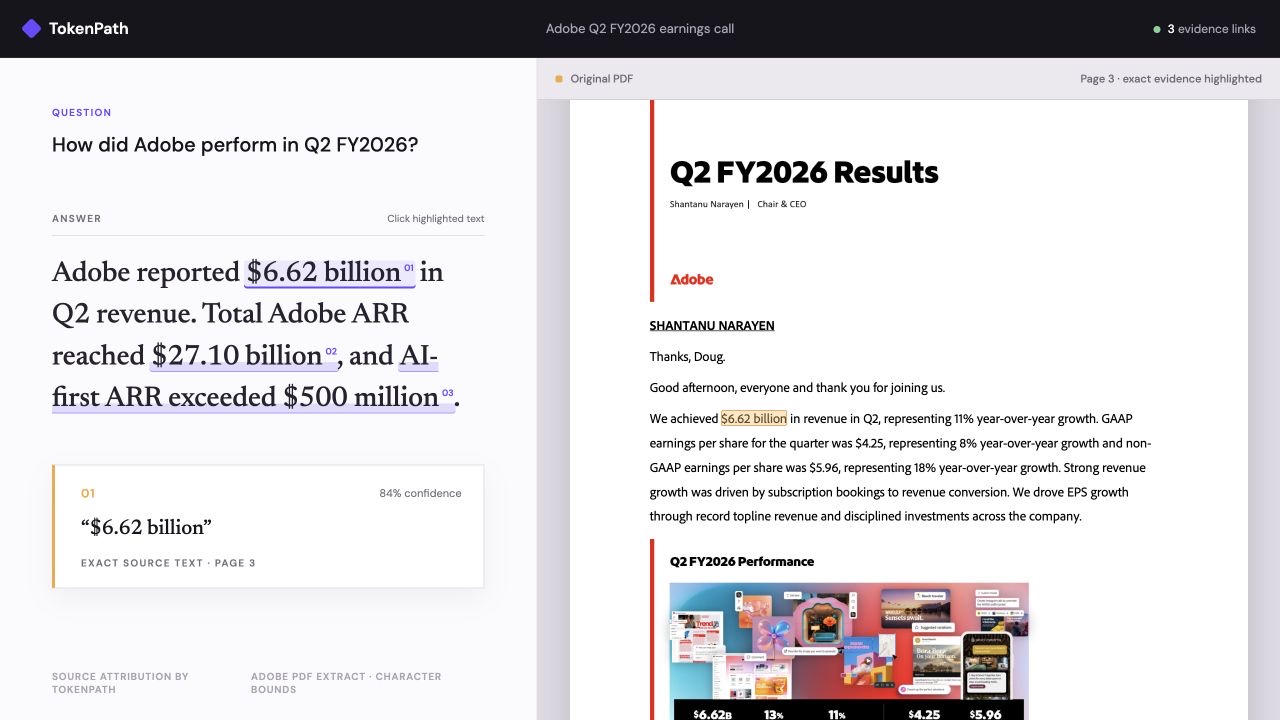 An answer about Adobe Q2 results beside the source PDF, with $6.62 billion highlighted in both.