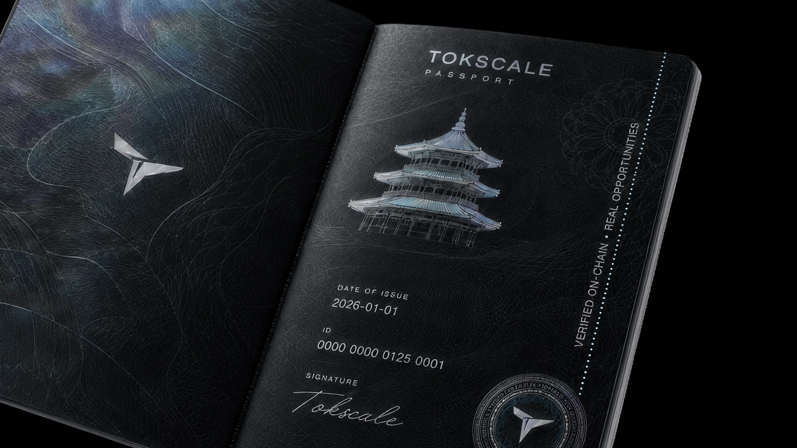 A credential passport with a verified seal set into its face, bound and non-transferable