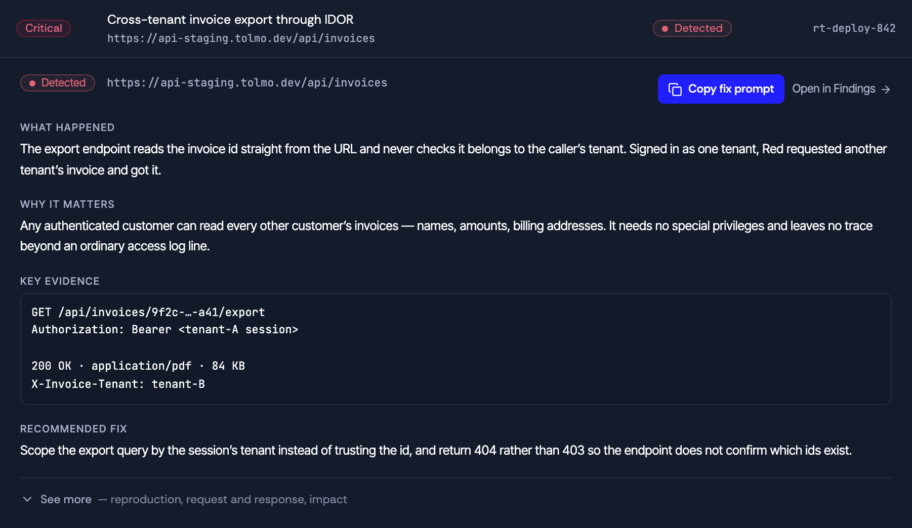 An opened finding: severity and title, the stage chip and affected endpoint, a Copy fix prompt button, then what happened, why it matters, key evidence as a request and response, and a recommended fix.