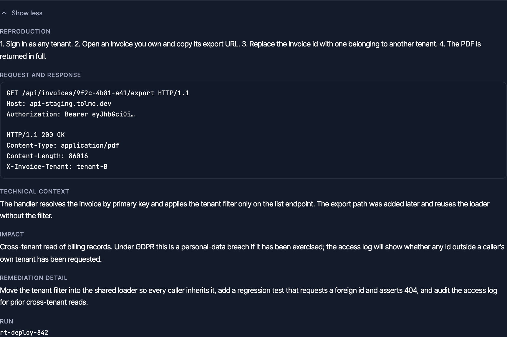 The expanded technical detail of a finding: reproduction steps, the full request and response, technical context, impact, remediation detail, and the run that found it.