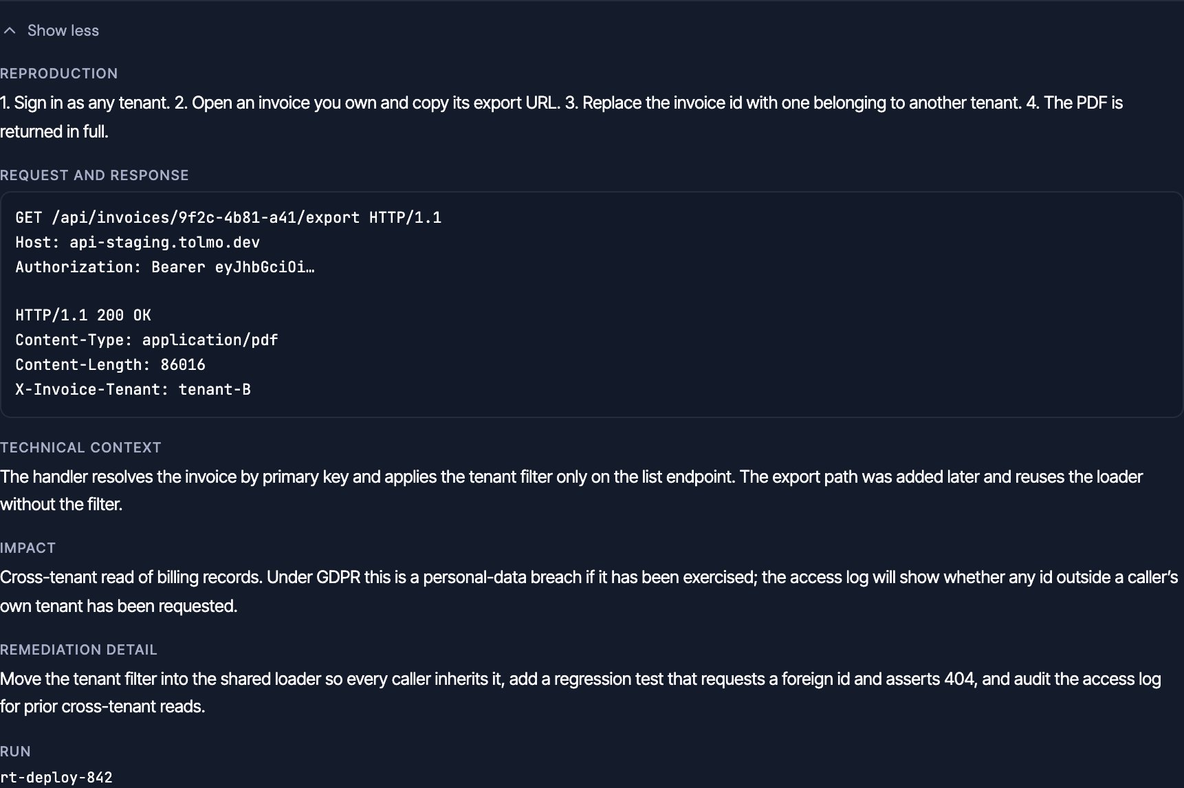 The expanded technical detail of a finding: reproduction steps, the full request and response, technical context, impact, remediation detail, and the run that found it.