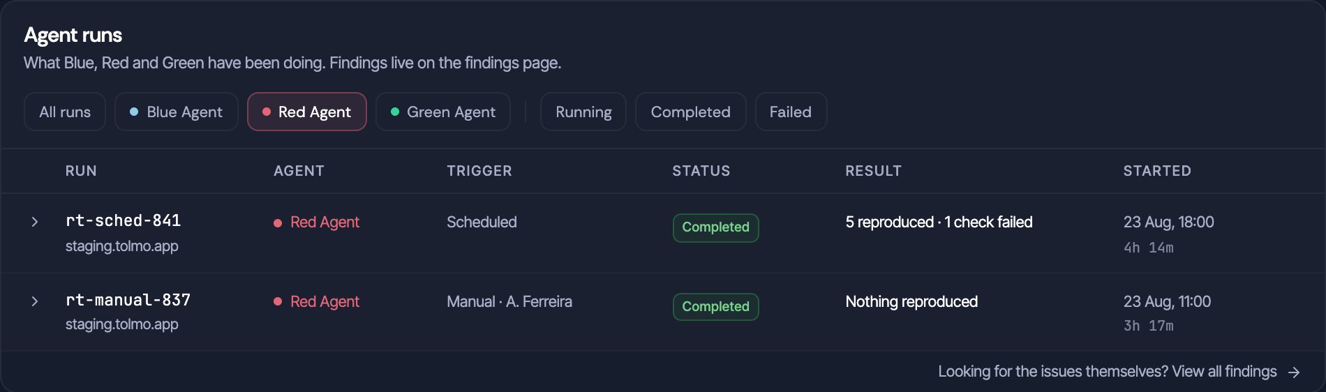 The Agent runs table in Mission Control with the Red Agent filter active, showing run id, agent, trigger, status, result and start time for each run.